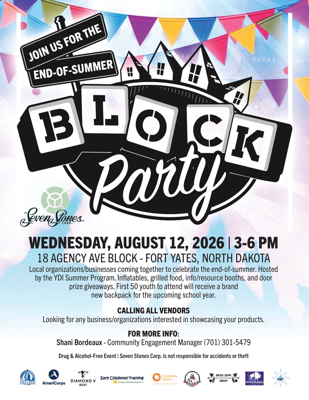 Seven Stones Corp. Community Block Party flyer for August 12, 2026.